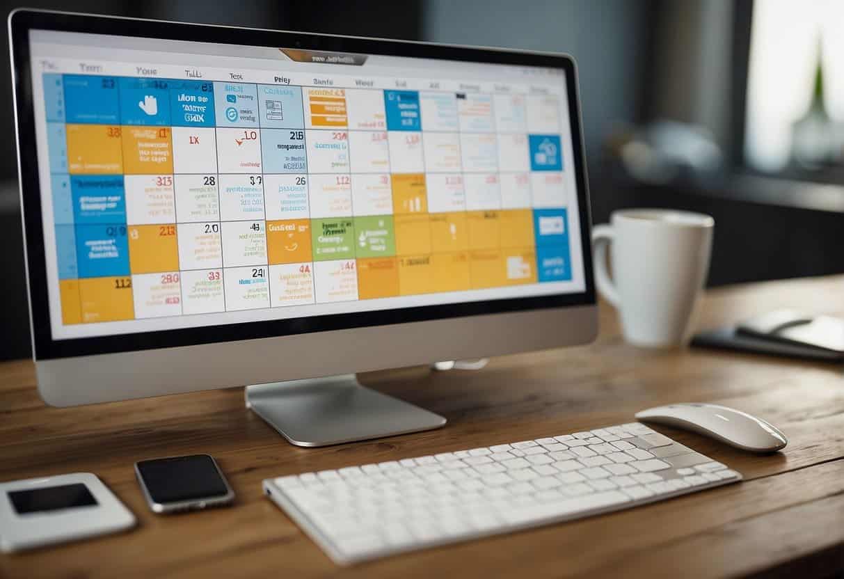 A calendar with social media icons and target audience demographics displayed on a computer screen, surrounded by planning tools and sticky notes
