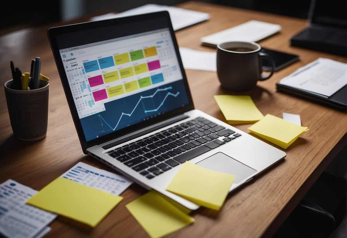 A desk with a laptop, calendar, and social media analytics reports. Post-it notes and pens scattered around. Bright, natural lighting