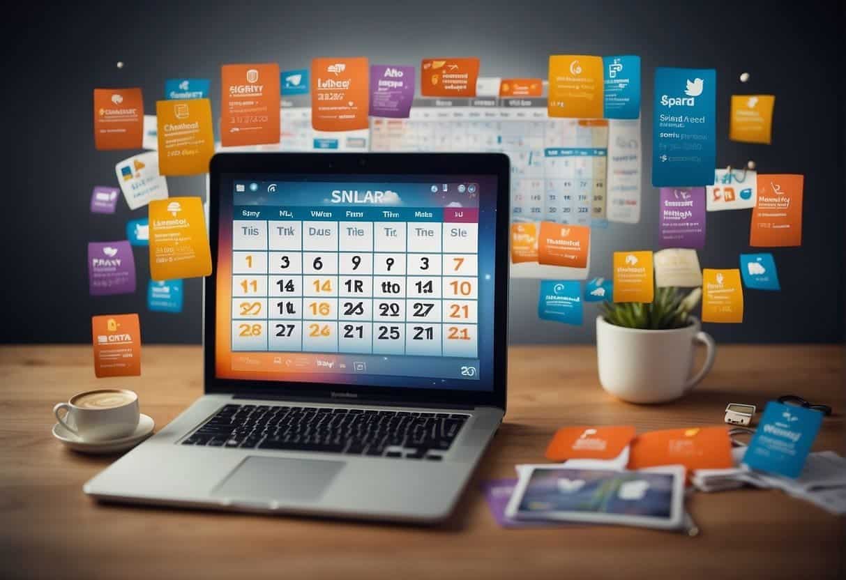 A colorful calendar with seasonal icons and event dates, surrounded by social media logos and planning tools