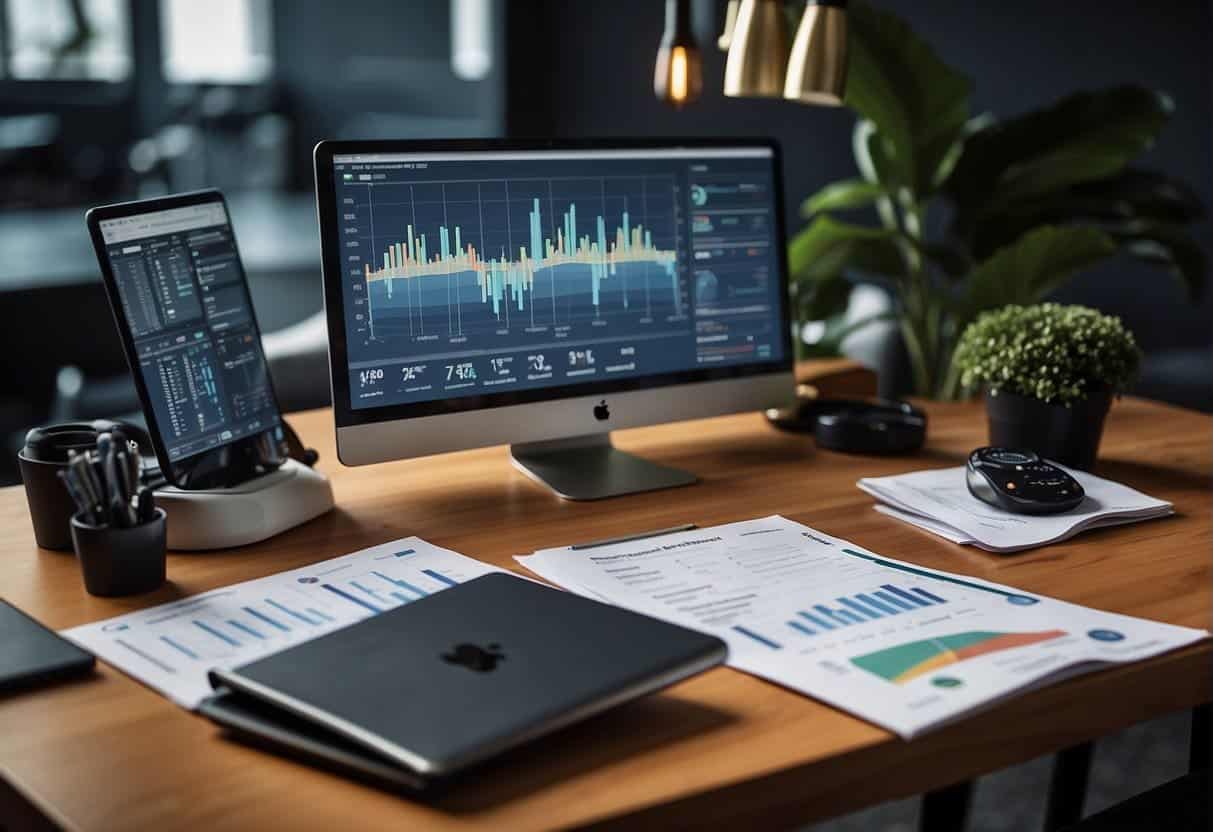 A small business owner sits at a desk, surrounded by charts and graphs. They are setting clear objectives for measuring social media ROI, with a focus on tangible results