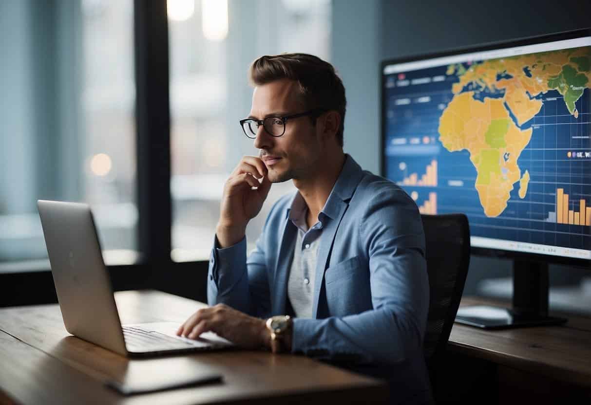 A small business owner analyzing social media data with charts and graphs, calculating ROI