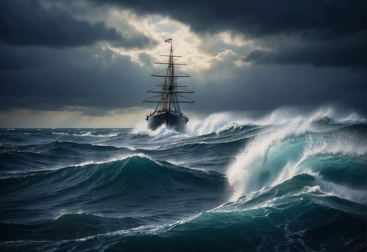 A stormy sea with a lone ship navigating treacherous waters, symbolizing the challenges and risks of the Blue Ocean Strategy