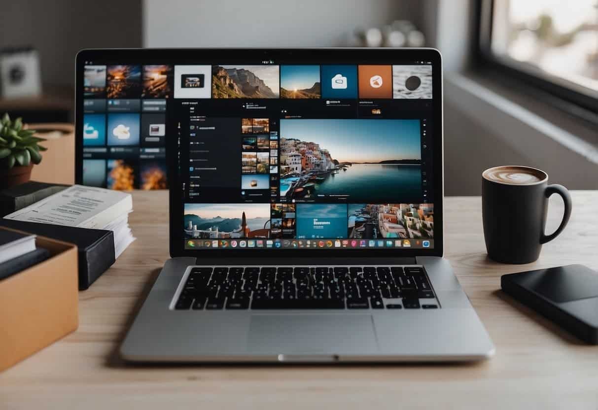 A laptop surrounded by various digital marketing tools and packages. Graphics, text, and icons display content creation and marketing services