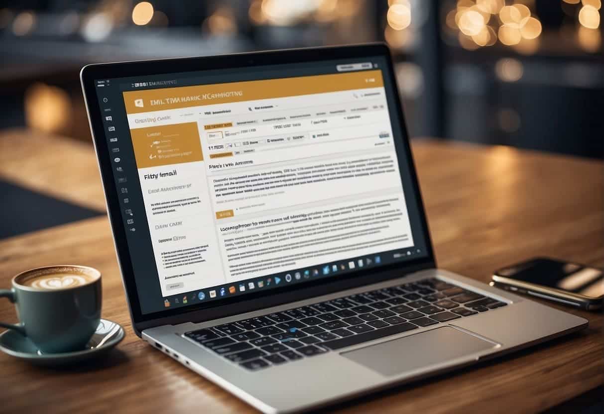 An email marketing campaign: laptop with open email software, creative graphics, and a list of targeted recipients