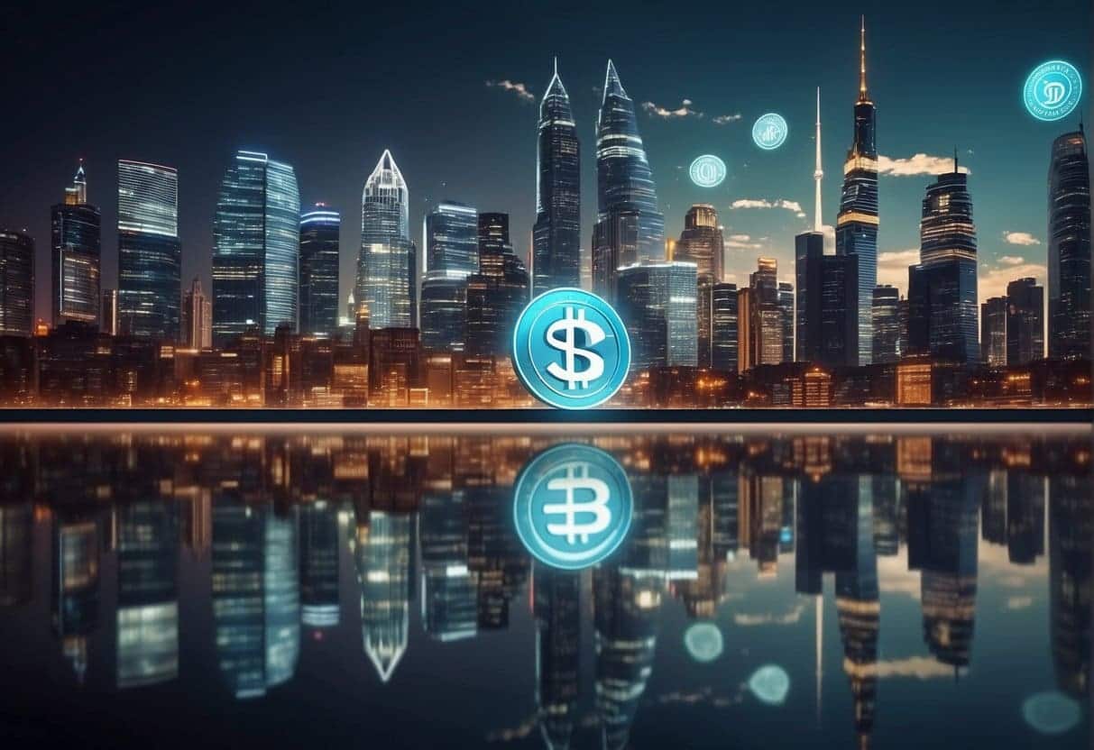 A futuristic city skyline with digital currency symbols floating above, while traditional banks are depicted as outdated buildings