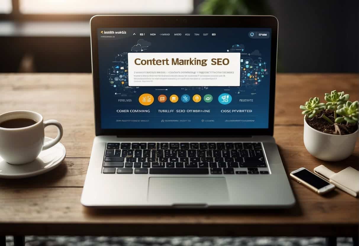 A laptop displaying a website with "Content Marketing and SEO" as the headline, surrounded by digital marketing icons and search engine optimization keywords