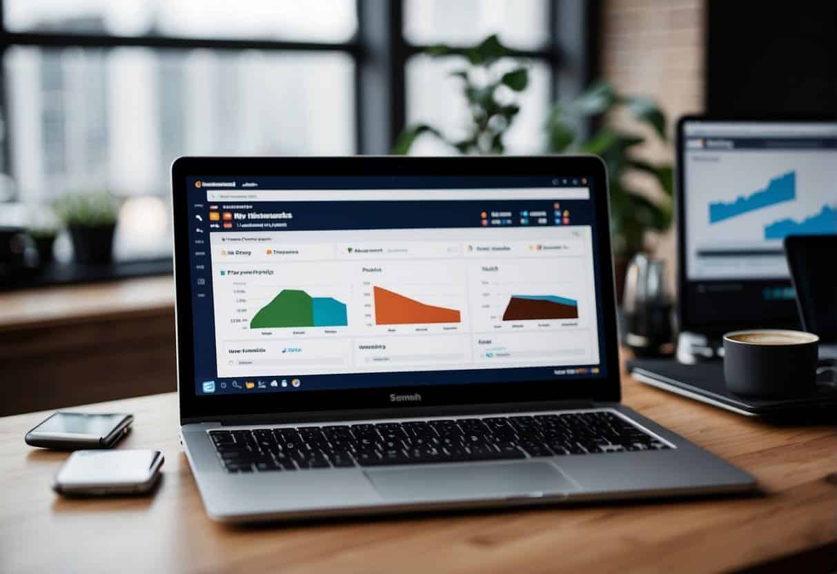 A laptop displaying Ahrefs and SEMrush dashboards side by side with charts and graphs, surrounded by notebooks and pens