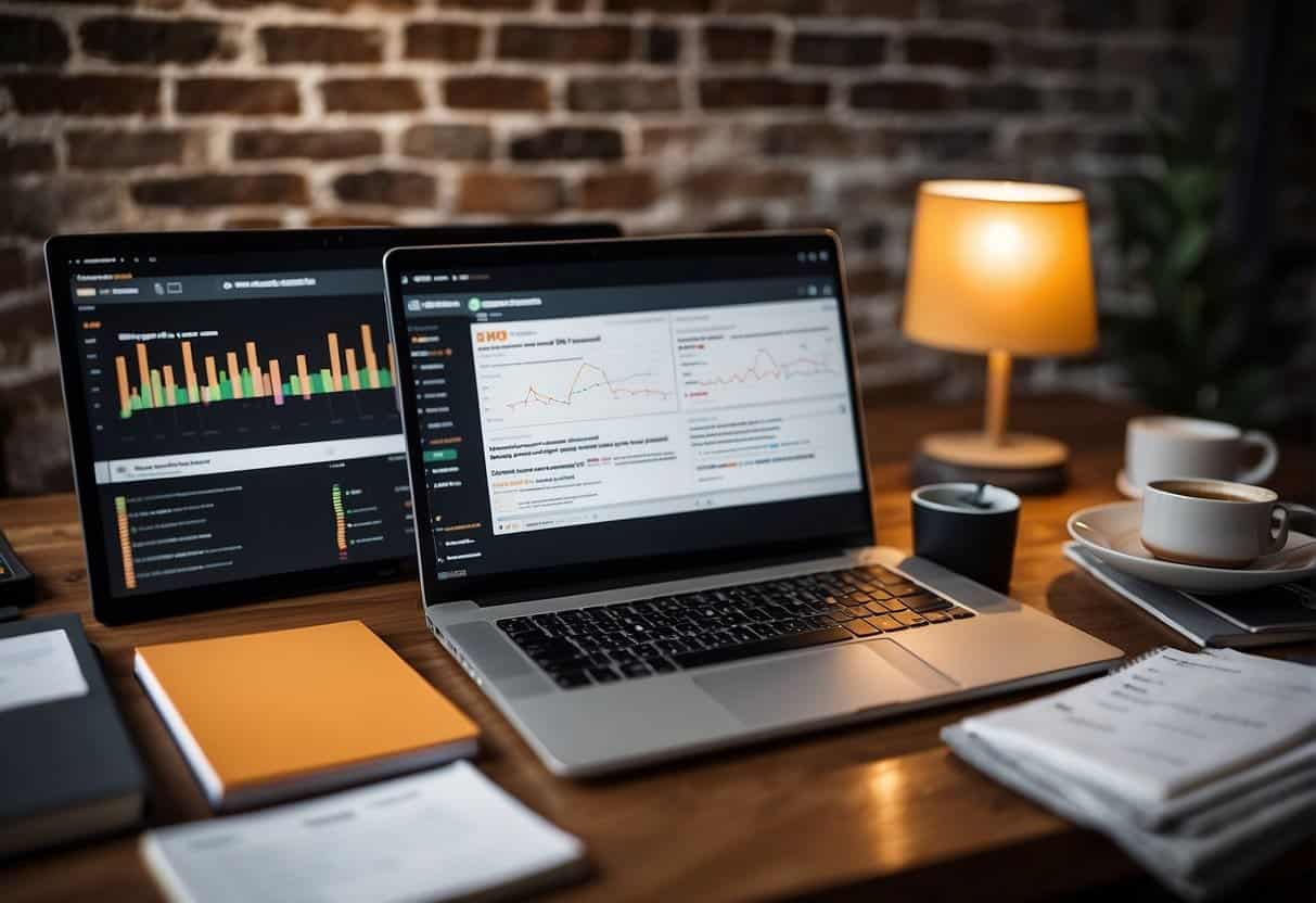 A laptop displaying Ahrefs and SEMrush dashboards side by side, with various graphs and data visualizations, surrounded by marketing books and a notepad with scribbled notes