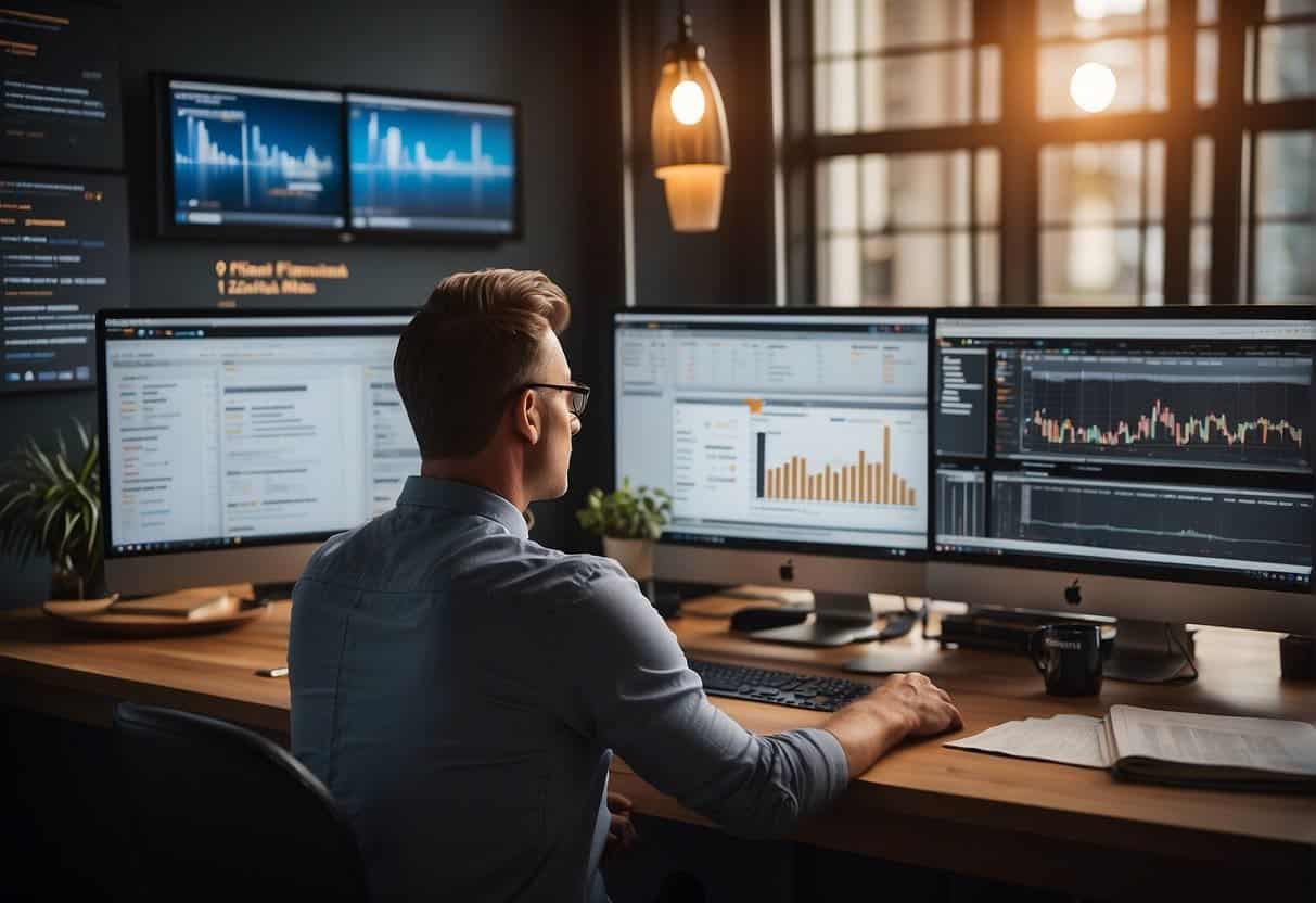 A person comparing Ahrefs and SEMrush on a computer, with charts and data displayed on the screen, surrounded by notes and reference materials