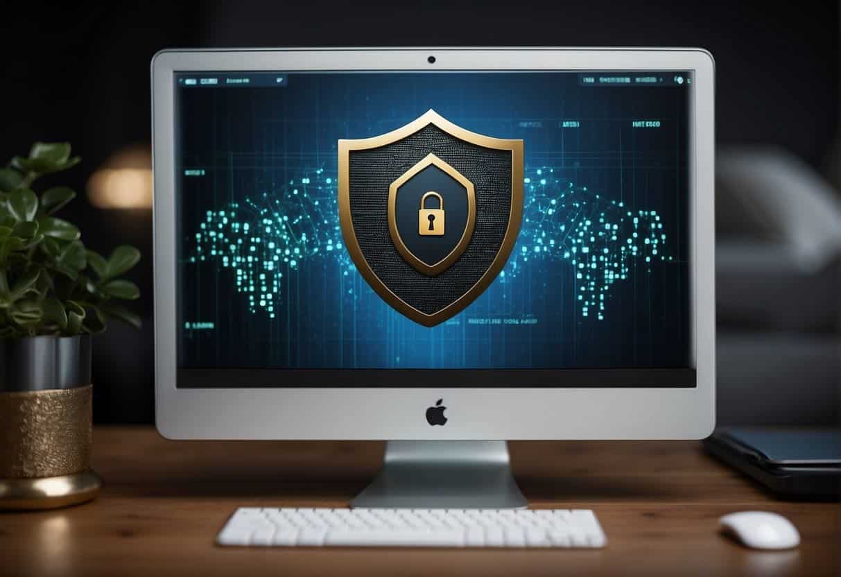 A computer screen displaying a lock icon on a finance website. A shield surrounds the website address, symbolizing enhanced security measures
