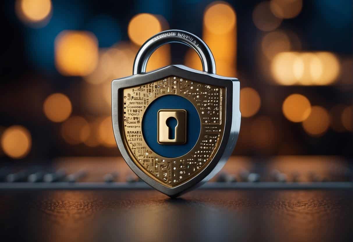 A padlock icon with a shield, surrounded by firewalls and encryption symbols, representing secure web practices for finance websites