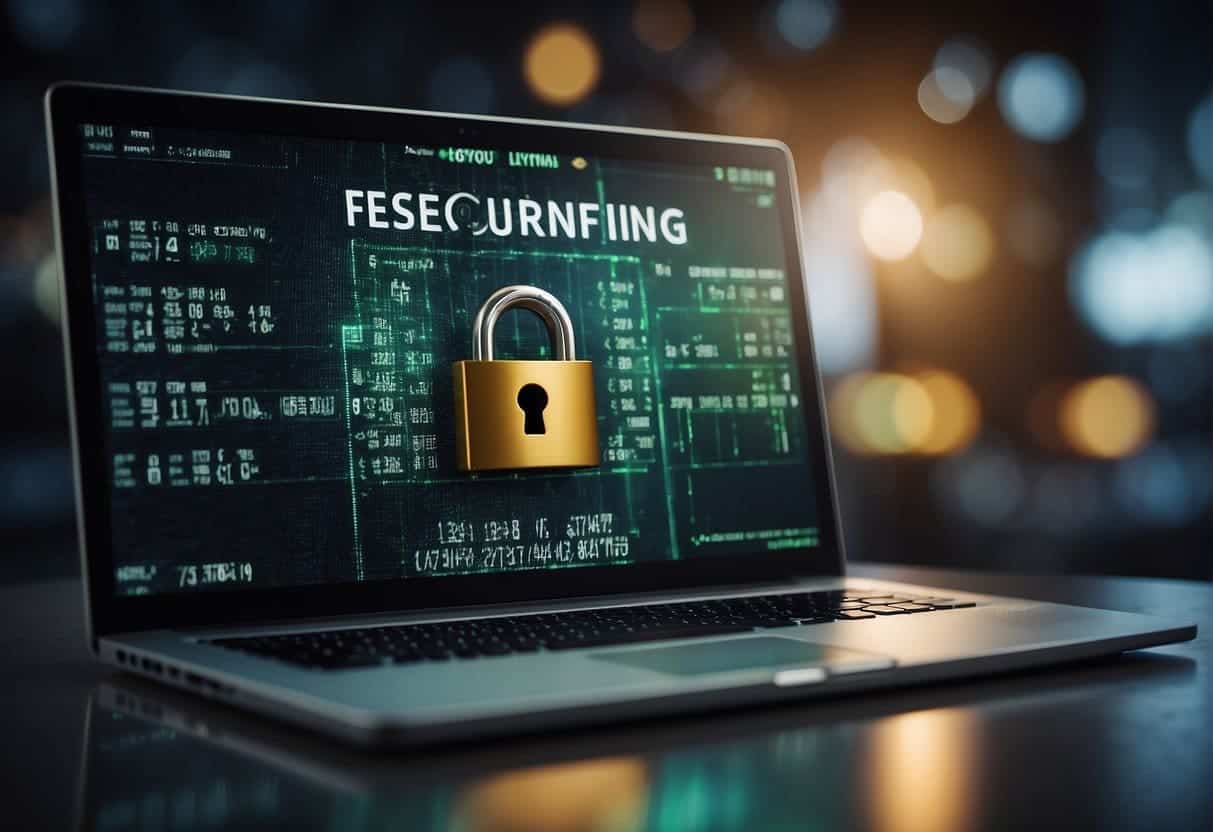 A computer screen displaying a secure finance website with a padlock icon and the words "Securing User Transactions" emphasized