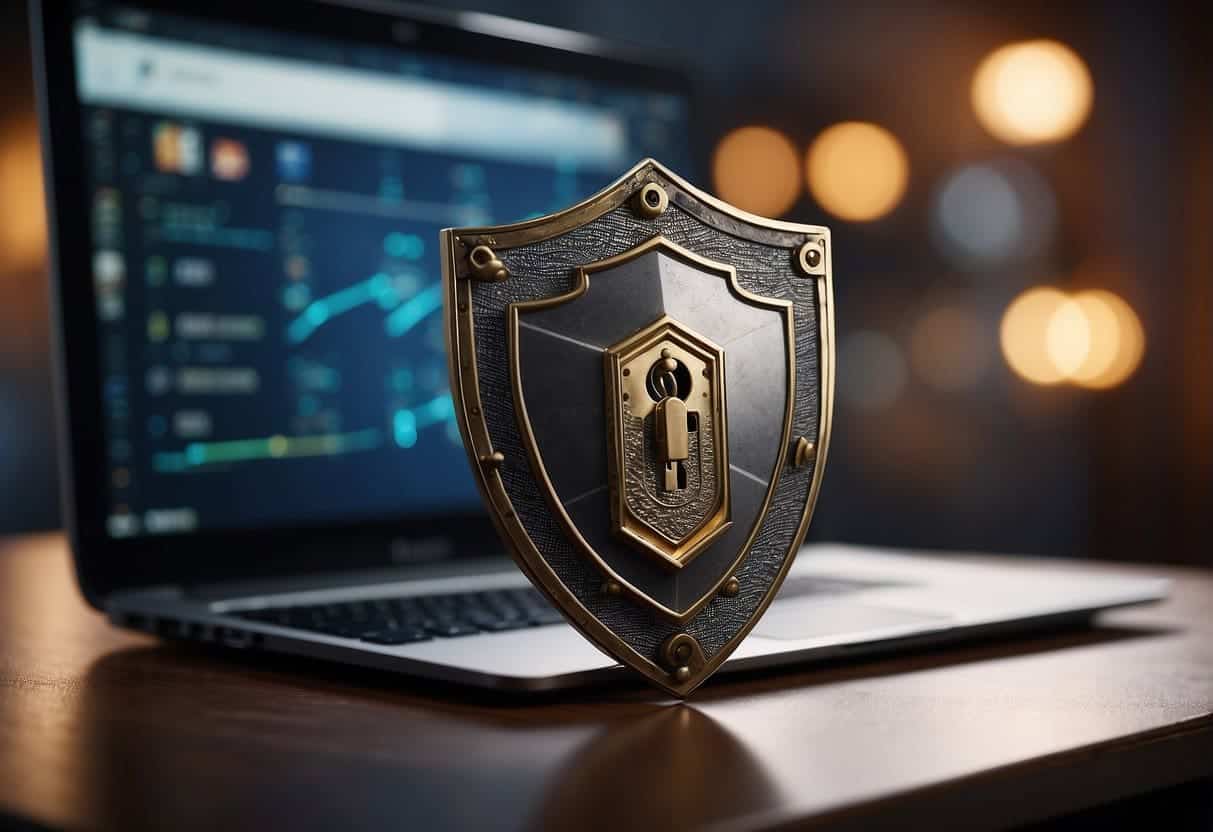 A shield with a lock symbol deflecting arrows and malware, while a fortress-like finance website stands strong in the background