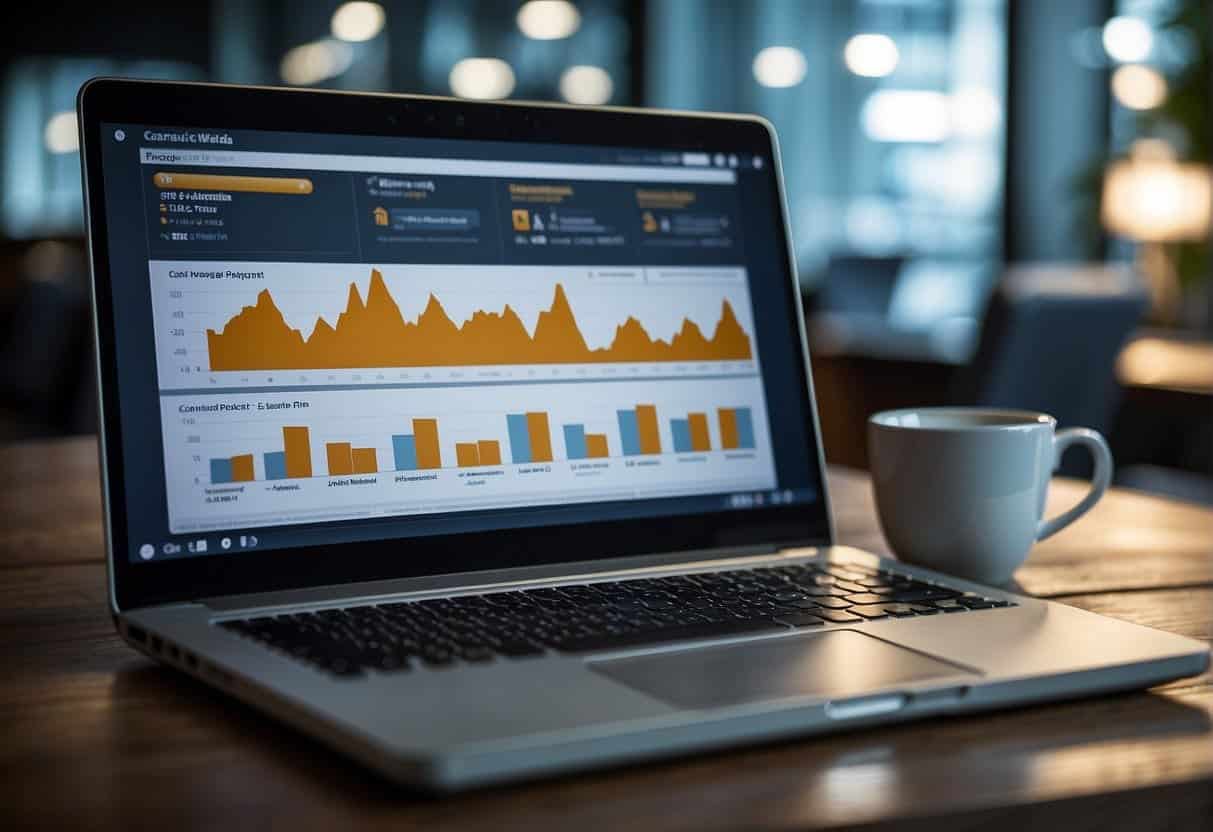 A laptop displaying finance-related social media posts with high engagement and trust-building content. Graphs and charts in the background symbolize financial data