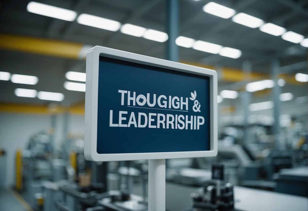 A factory with a prominent sign displaying "Thought Leadership Brand." Content marketing materials are visible throughout the facility, showcasing the role of content marketing in the manufacturing sector