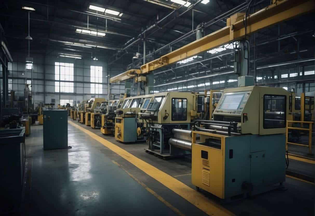 A factory floor with machinery in motion, workers engaged in production, and a digital screen displaying marketing content for manufacturing products