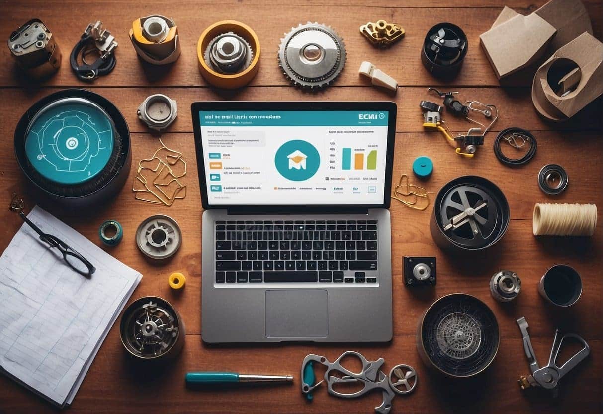 An email icon surrounded by manufacturing tools and products, with a content marketing strategy chart in the background
