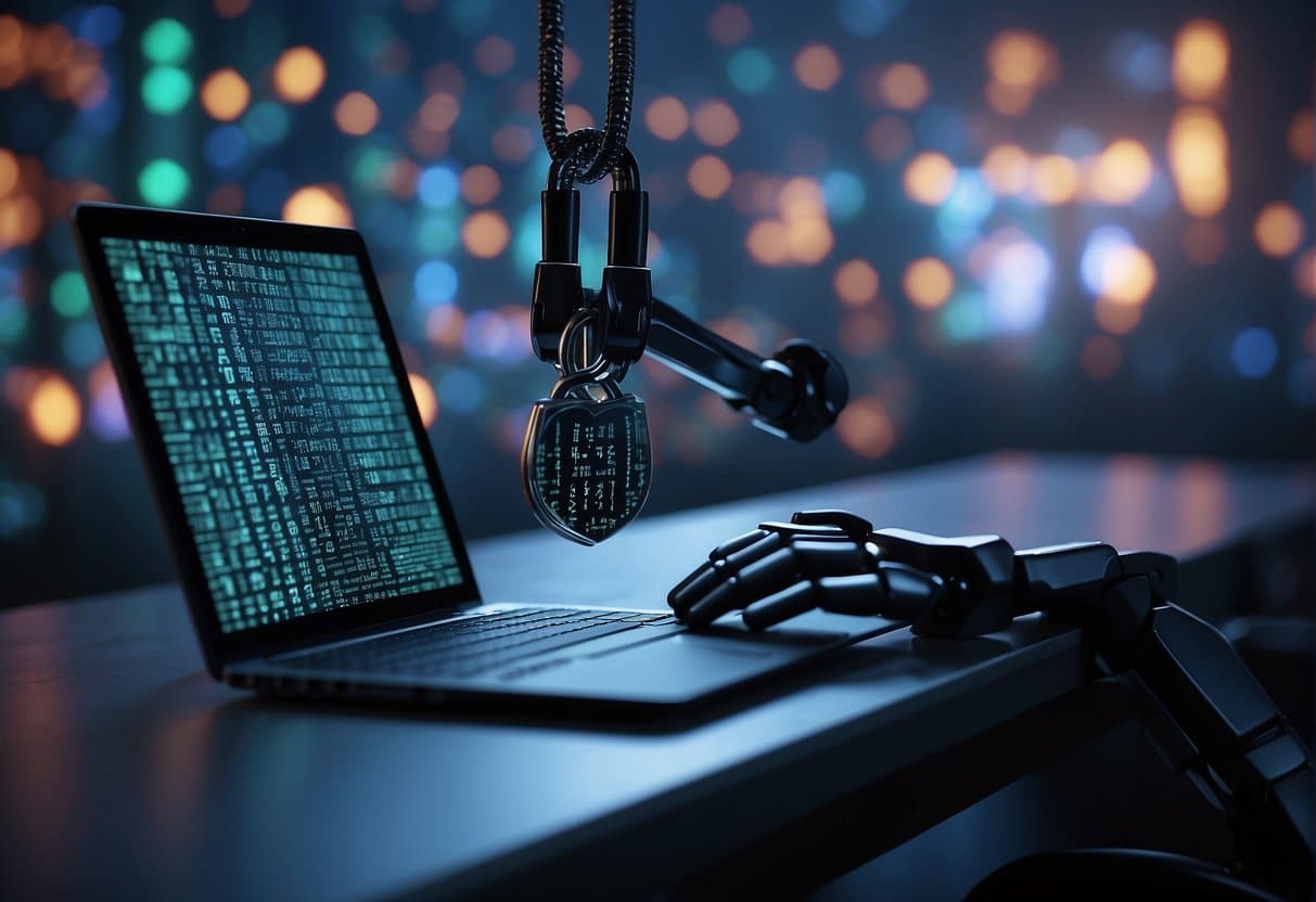 A computer screen displays a padlock symbol surrounded by binary code, while a robotic arm hovers nearby, scanning for potential security breaches