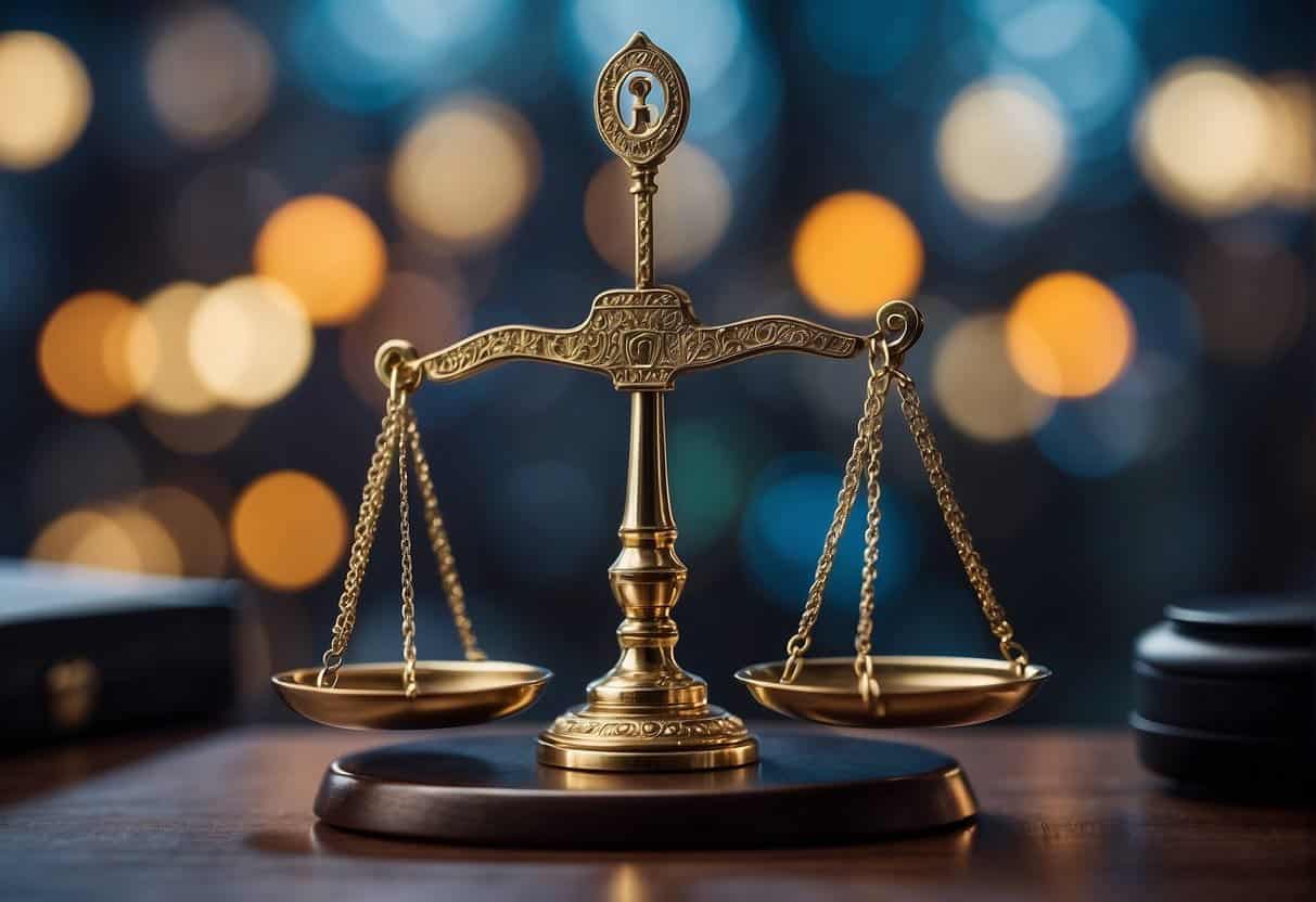 AI governance and accountability symbolized by a scale balancing privacy and security challenges, with a key unlocking solutions to overcome them
