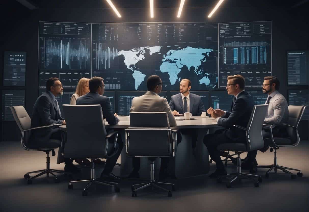 A diverse group of individuals discussing AI ethics, surrounded by data charts and security symbols