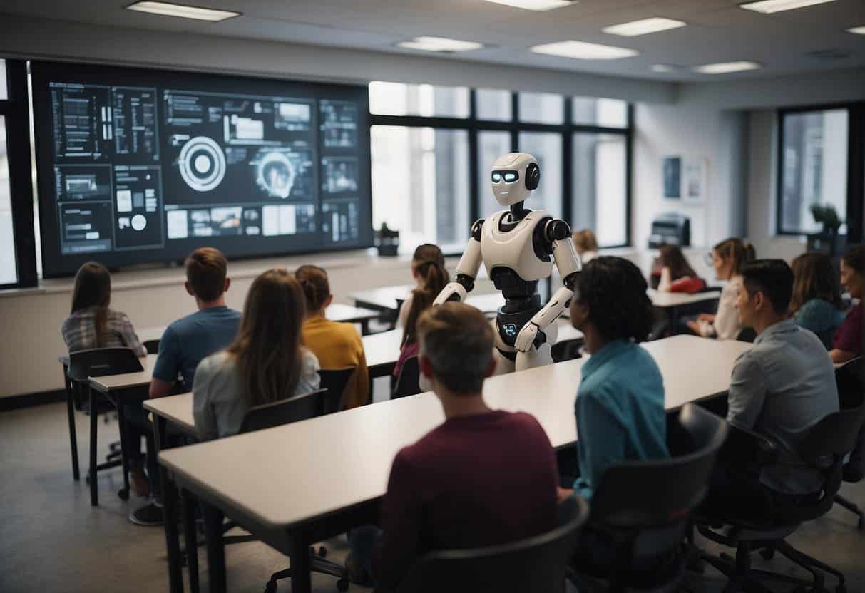 A classroom setting with students learning from interactive AI technology, while a robot assists in demonstrating new job roles