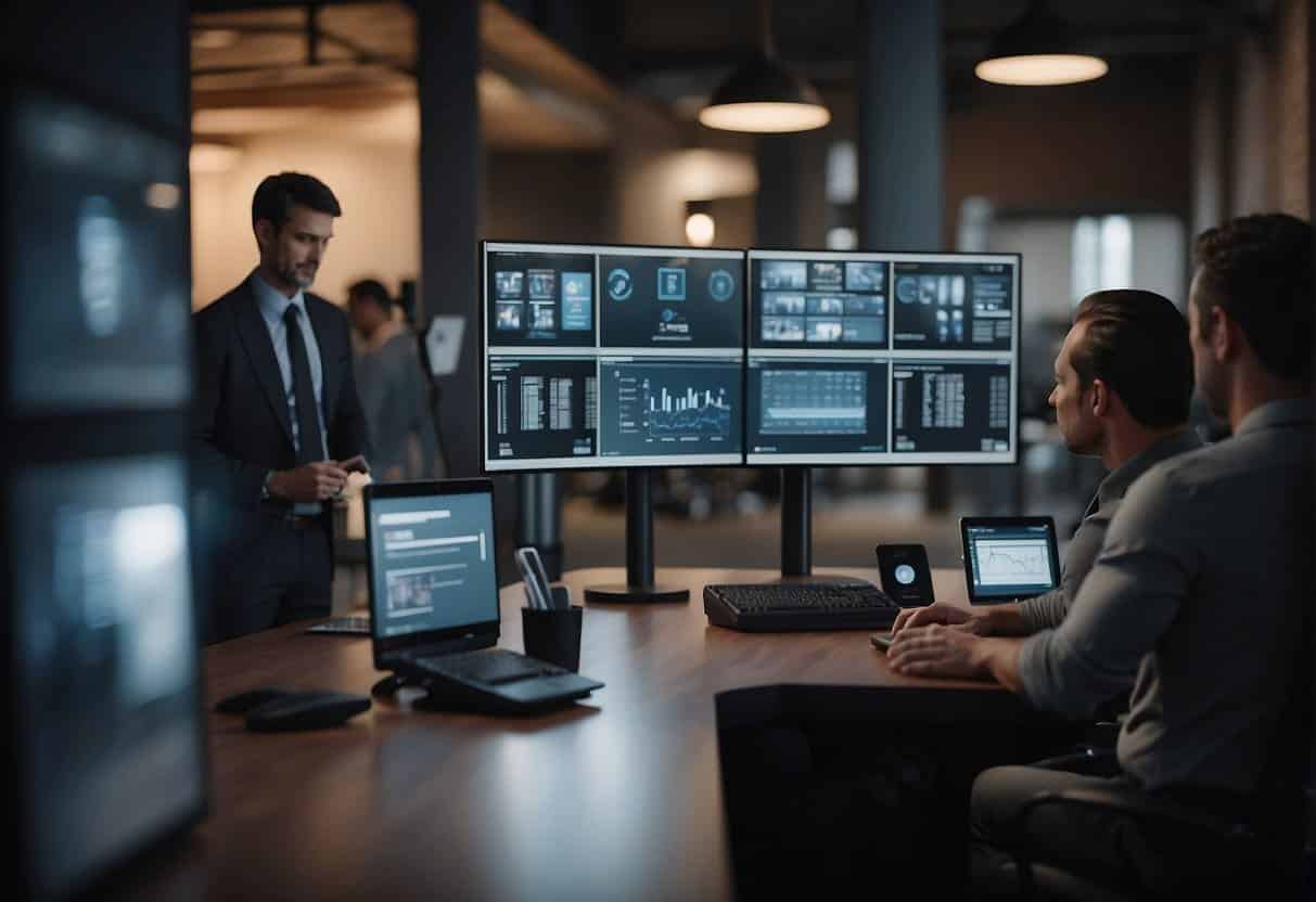 A small business owner interacts with AI-powered security systems while partners and vendors look on