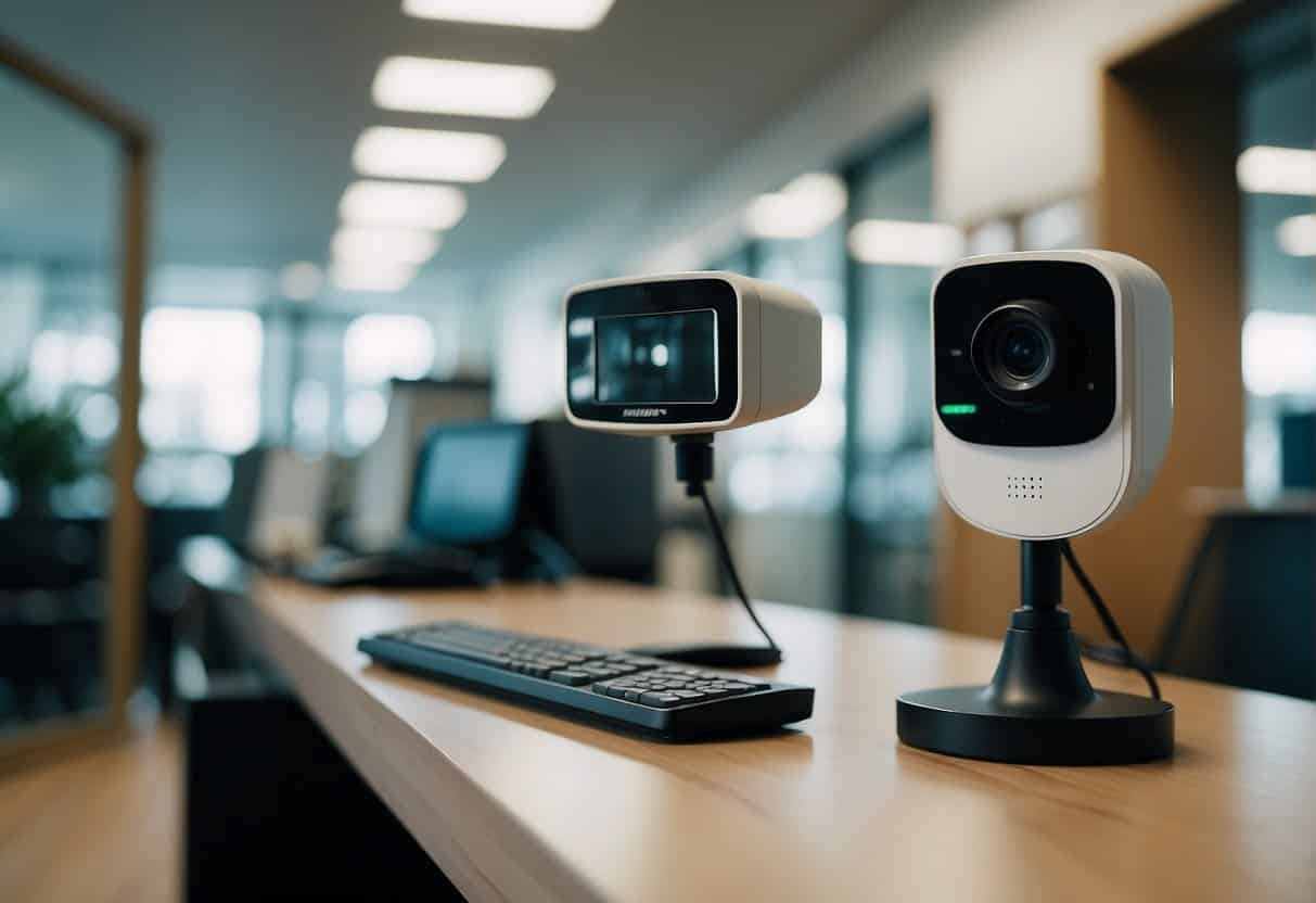 An office with AI-powered security cameras and sensors monitoring entrances and exits of a small business