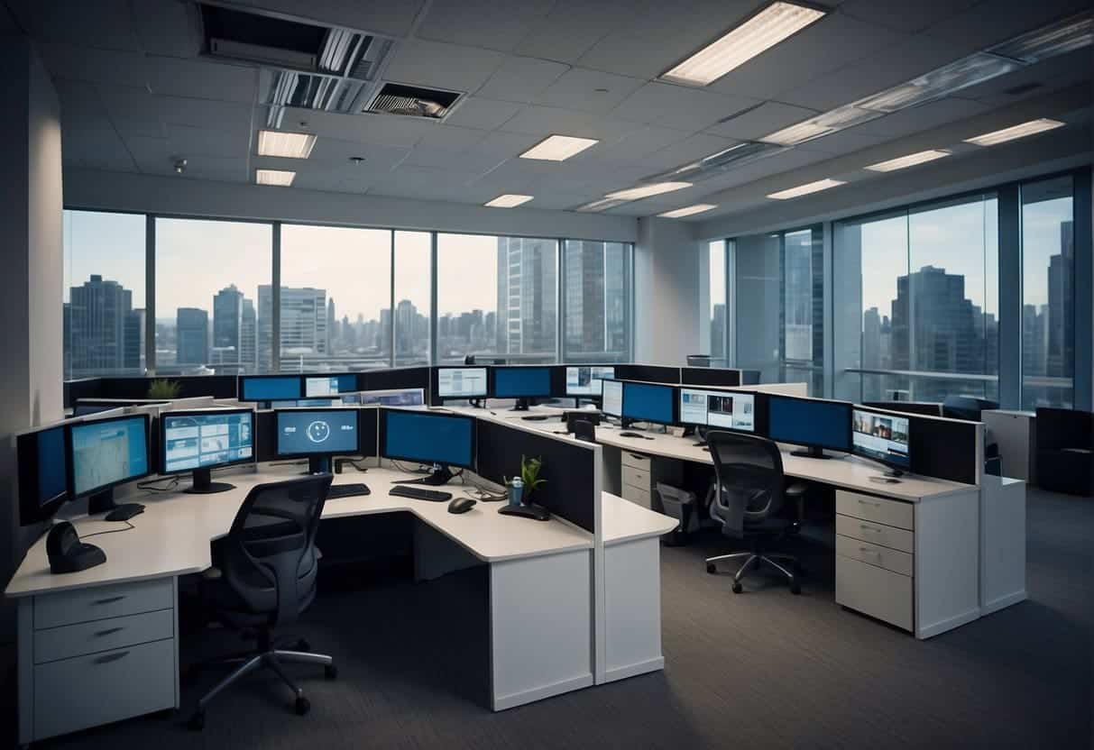 An office with AI-powered security cameras and sensors monitoring the premises. A small business sign is prominently displayed
