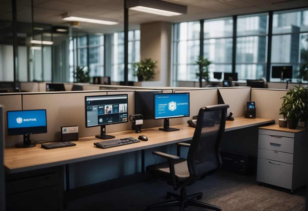 An office setting with a small business logo on the door, AI-powered security cameras and sensors installed throughout the space, and a network of interconnected devices and computers with AI security software running