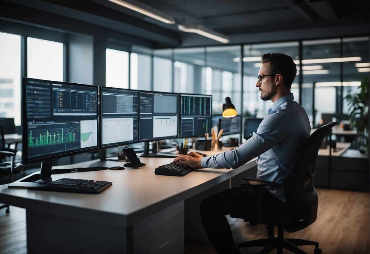 A small business office with AI security cameras scanning for threats. Alert lights flashing and AI system analyzing data on screens