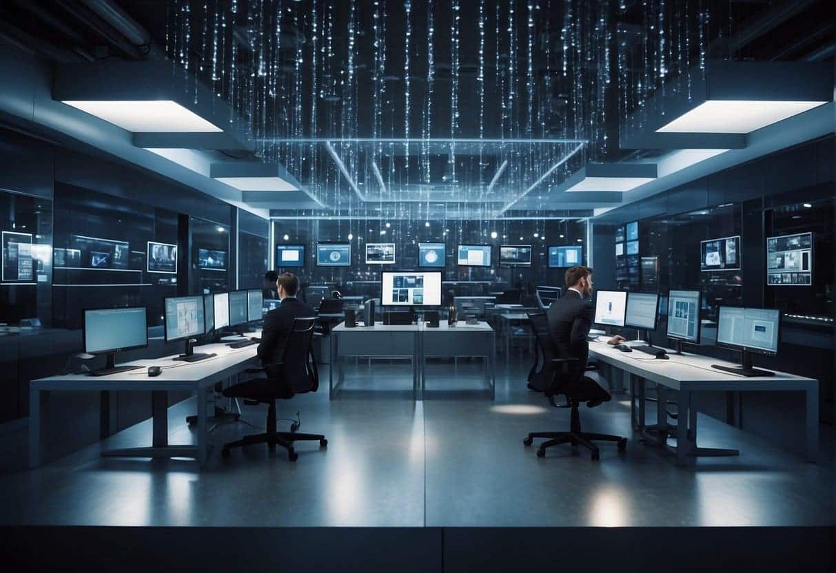 A small business surrounded by digital threats, shielded by AI-powered security systems