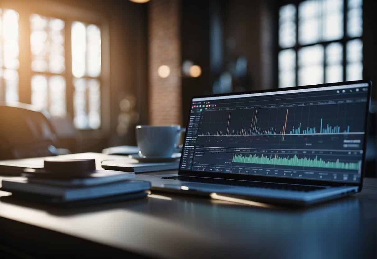 AI analyzing data, generating keywords, and optimizing content for SEO. Graphs and charts show performance improvement. AI algorithms enhance digital marketing strategies