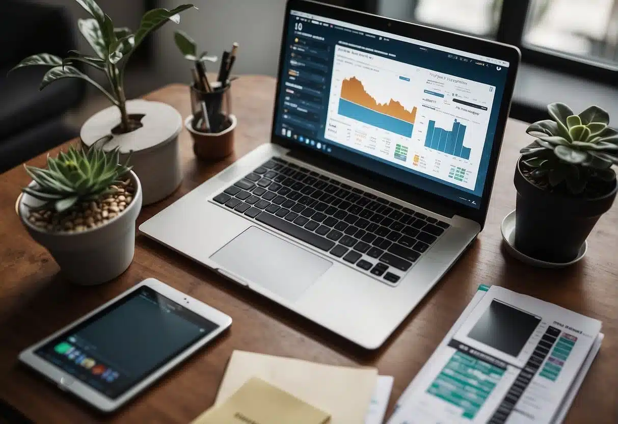 A laptop with various fintech websites open on the screen, surrounded by financial tools such as calculators, charts, and graphs