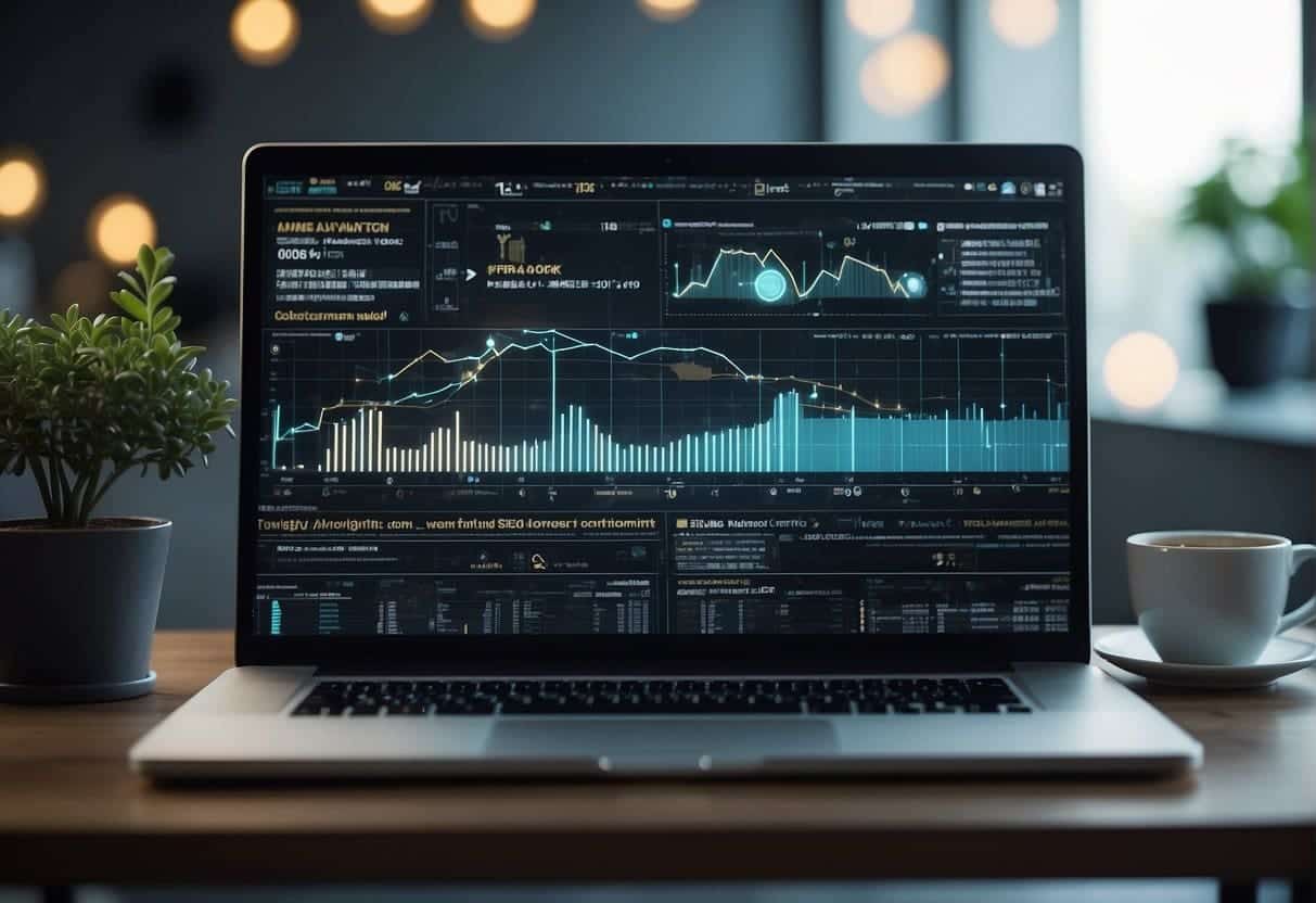 AI algorithms optimizing website content, surrounded by digital data and SEO metrics. AI technology enhancing website performance