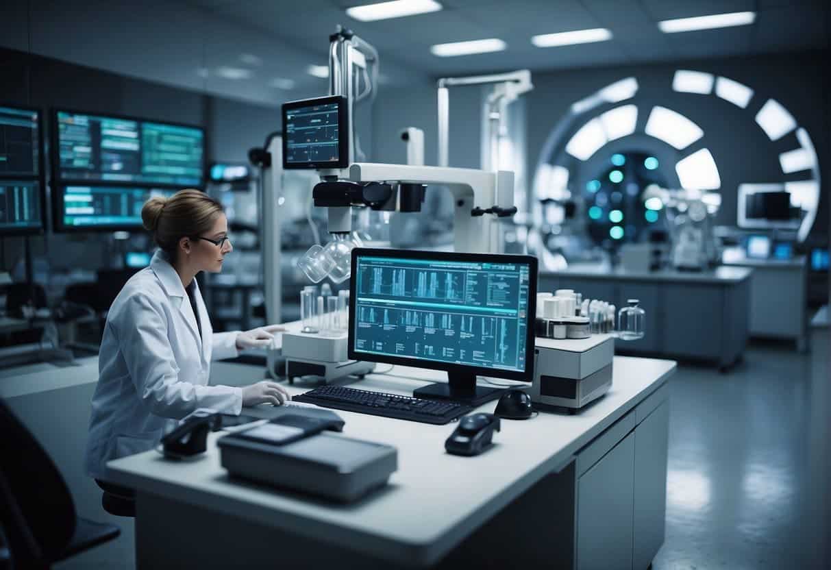 A laboratory setting with futuristic AI and big data technology analyzing medical samples and generating insights for healthcare and life sciences businesses