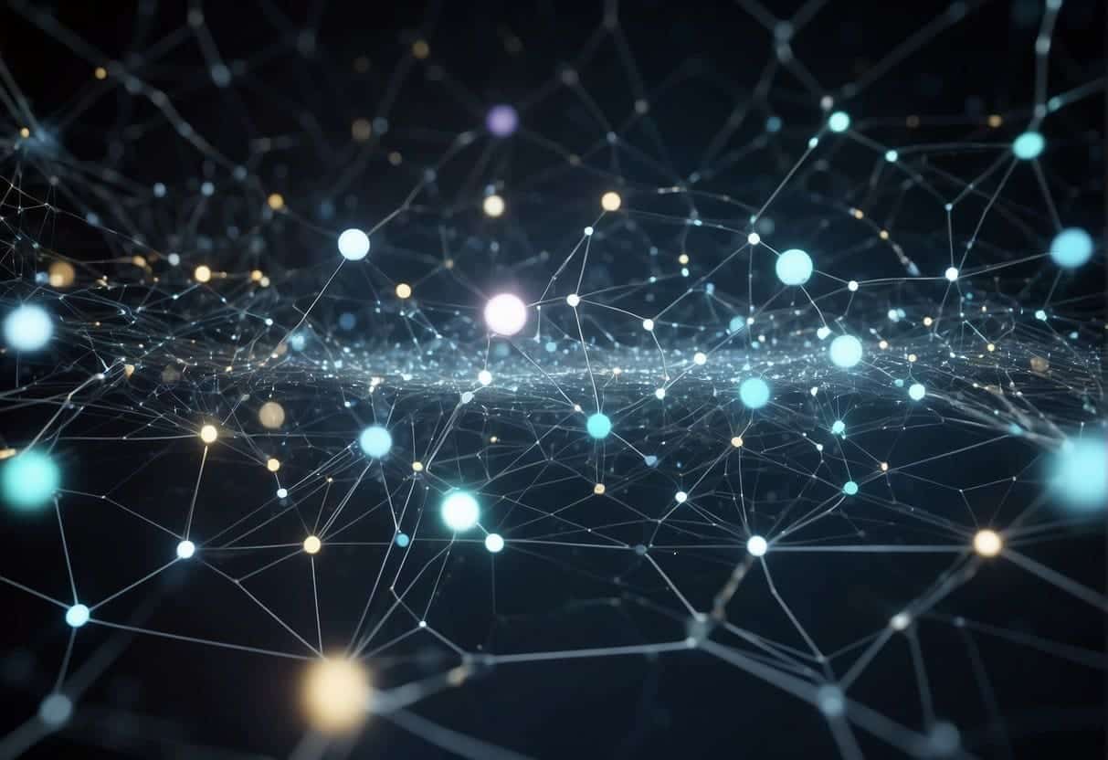 A network of interconnected data points and AI algorithms streamlining business operations, with large data sets flowing into a centralized system