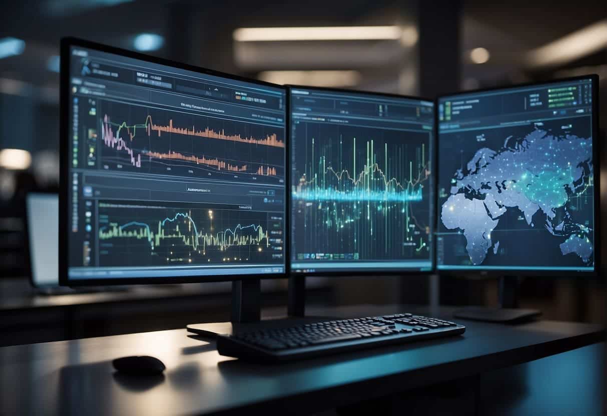 A computer analyzing data with AI algorithms, while a network of information flows around it, representing the extraction of value from big data for marketing and sales strategies
