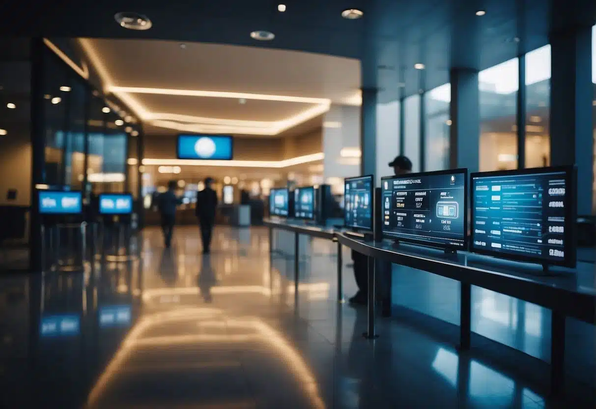 A modern bank branch with digital screens displaying fintech services. Customers use mobile apps and online platforms for banking