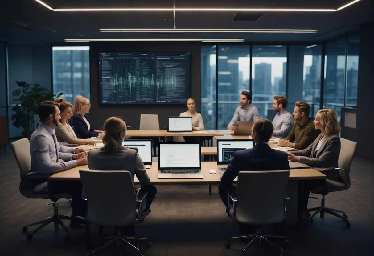 A group of small business employees engage in AI training, while overcoming implementation challenges. The office setting is modern, with computers and AI technology visible