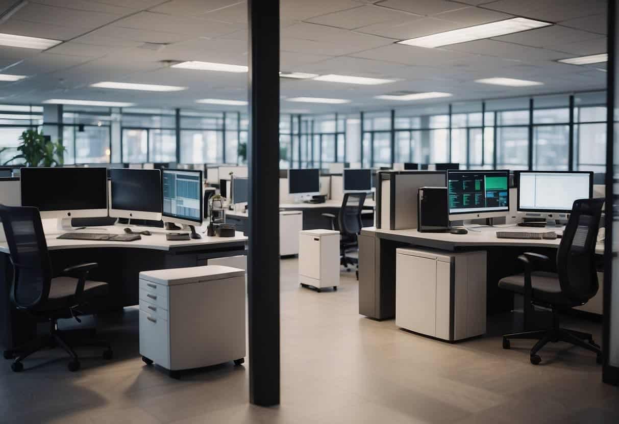 A small enterprise's office with AI-powered systems seamlessly integrated into daily operations, employees confidently utilizing new technology
