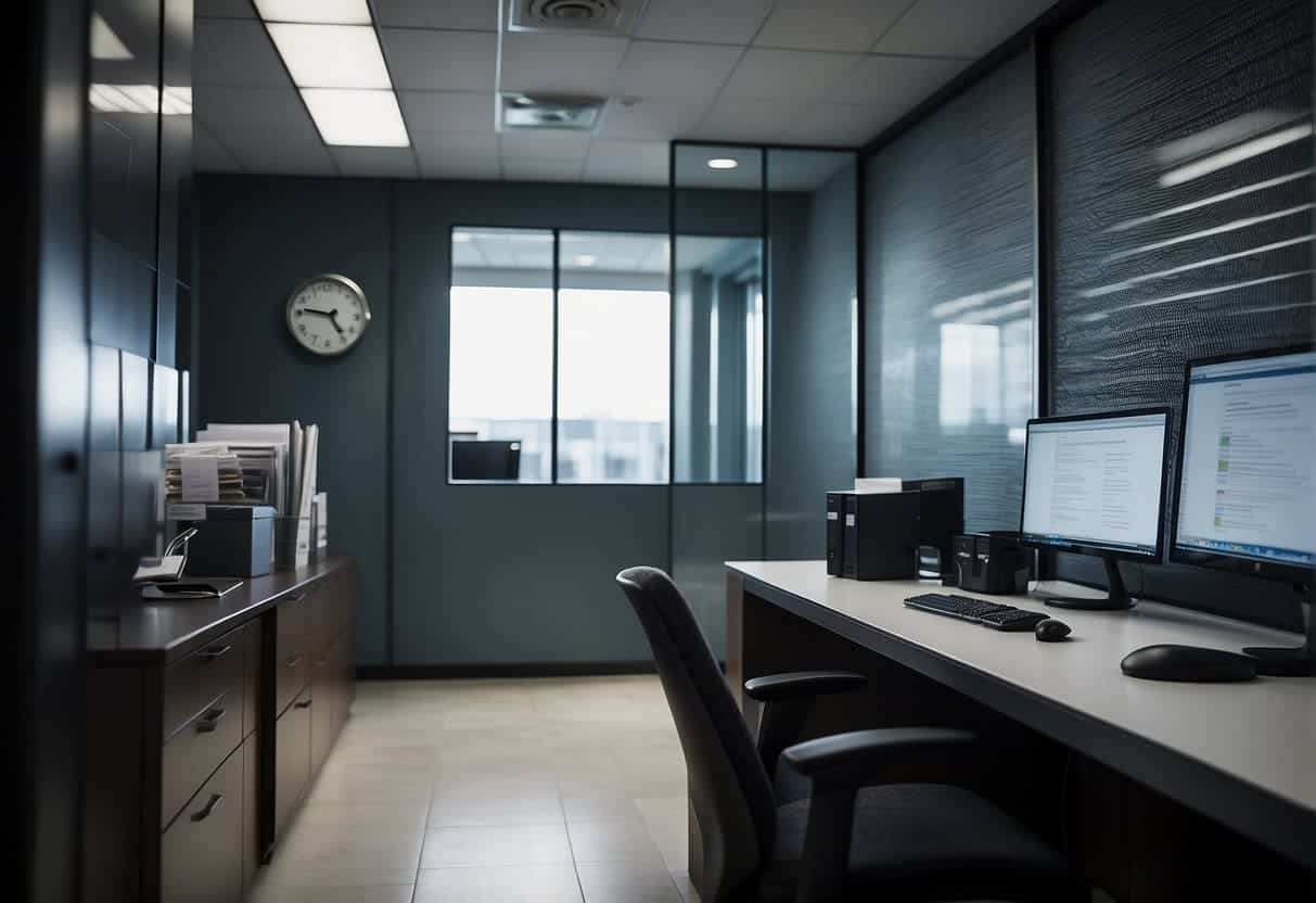 A small enterprise's office with a secure lock on the door, a privacy screen on the computer, and compliance documents organized on a desk
