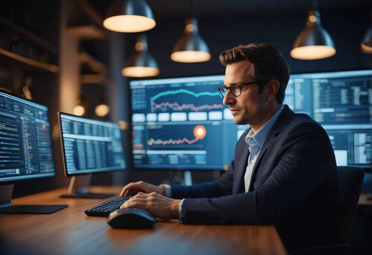 A small business owner using AI to streamline operations, surrounded by technology and data, making informed decisions with ease