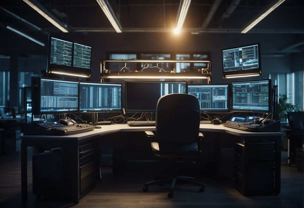 A small office with a cluttered desk, computer, and server rack. Cables and wires are tangled, while a glowing AI interface is displayed on the computer screen
