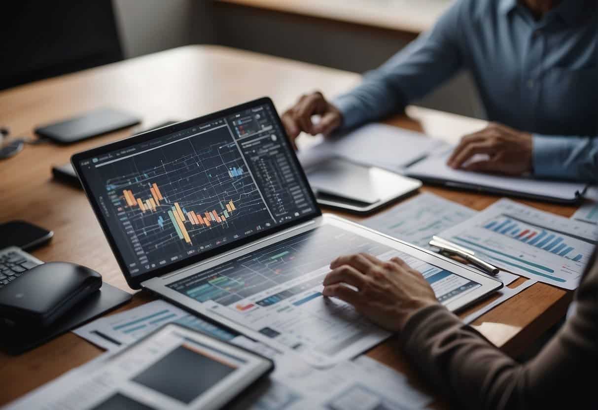 A small business owner mapping out steps to integrate AI, overcoming obstacles. Charts, diagrams, and technology devices are scattered on the desk