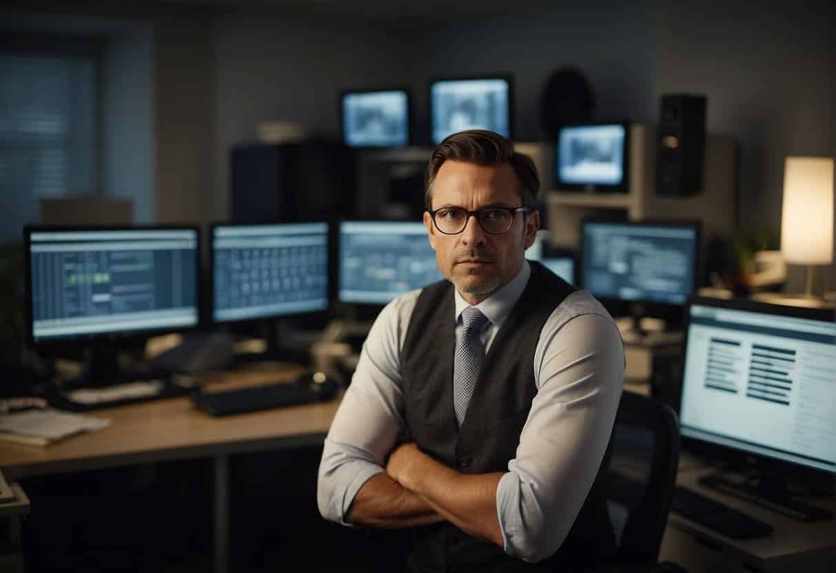 Small office cluttered with outdated technology. Frustrated employees struggle with complex AI systems. Boss looks on with concern