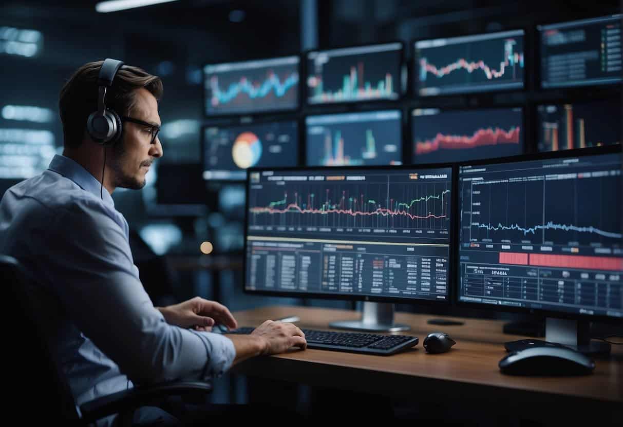 AI analyzing financial data, surrounded by charts and graphs. AI struggling to predict market fluctuations. Budget management software facing limitations