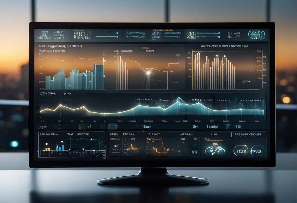 A sleek, futuristic AI interface displaying financial data with charts and graphs, forecasting future trends and managing budgets
