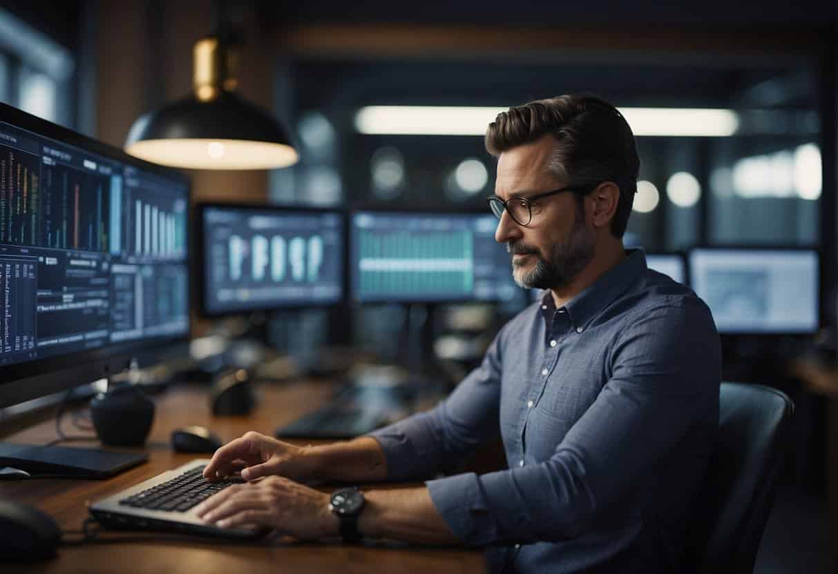 A small business owner uses AI software to streamline operations and boost growth. Data analysis and automation tools are seamlessly integrated into daily tasks