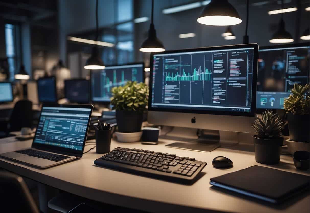 A small business office with AI tools seamlessly integrated into daily operations. Computers and devices working together to streamline processes and improve efficiency