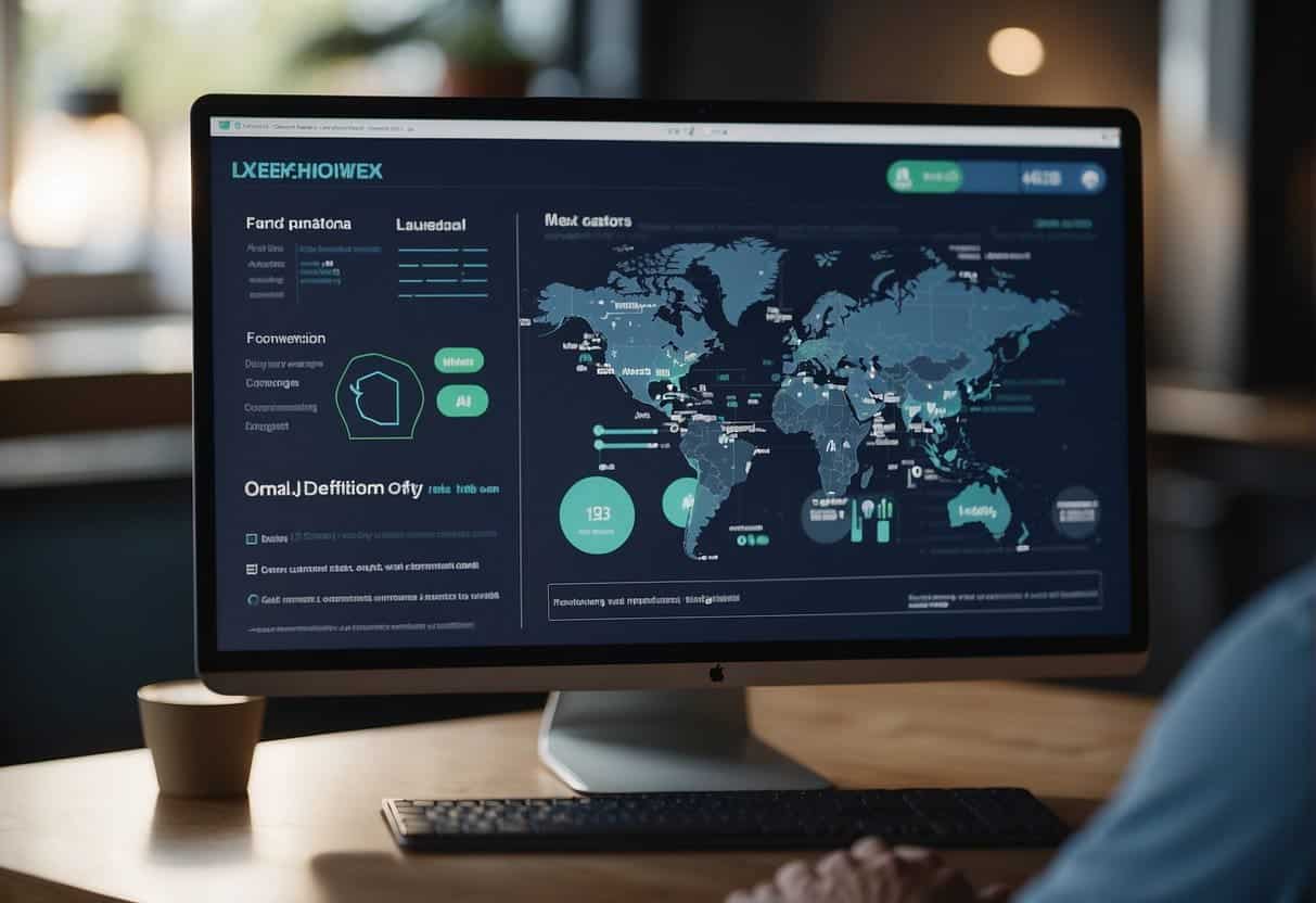 Small business owner interacts with AI software, analyzing data and improving customer relations. AI case studies displayed on a computer screen